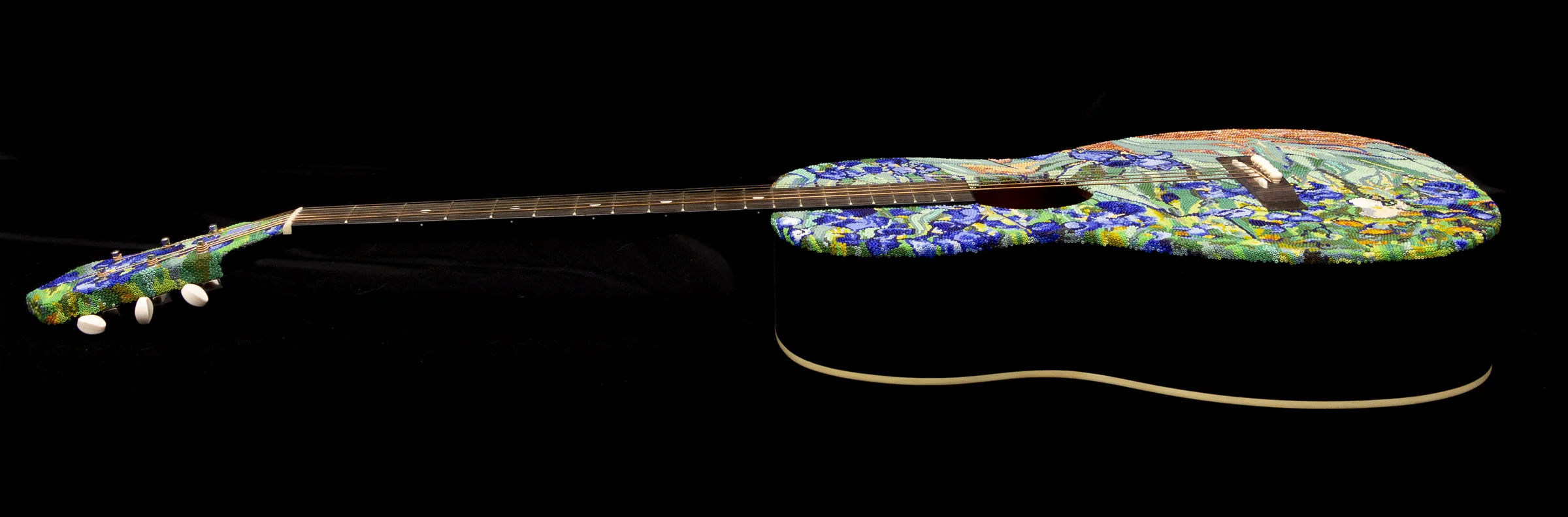 Van Gogh 'Irises' tribute beaded on acoustic 'parlor' guitar